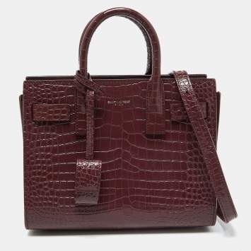 Pre Owned Saint Laurent Burgundy Croc Embossed Leather Nano Classic Sac De Jour Tote