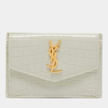 Pre Owned Saint Laurent Off White Croc Embossed Leather Uptown Flap Card Holder