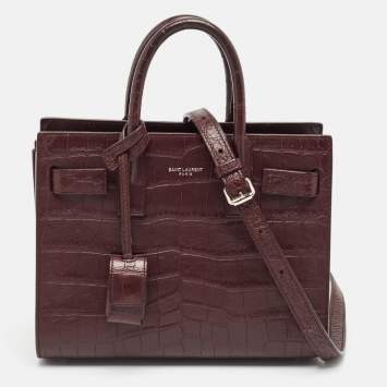 Pre Owned Saint Laurent Burgundy Croc Embossed Leather Nano Classic Sac De Jour Tote