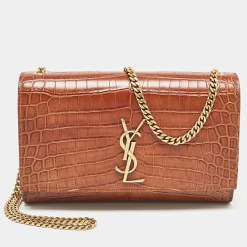 Pre Owned Saint Laurent Brown Croc Embossed Leather Medium Monogram Kate Shoulder Bag