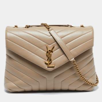 Pre Owned Saint Laurent Beige Matelassé Leather Medium LouLou Shoulder Bag