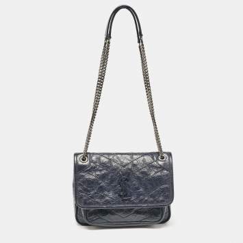 Pre Owned Saint Laurent Navy Blue Matelassé Leather Baby Niki Chain Shoulder Bag