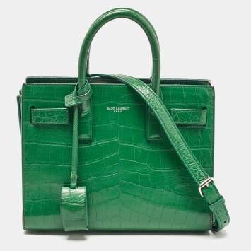 Pre Owned Saint Laurent Green Croc Embossed Leather Nano Classic Sac De Jour Tote