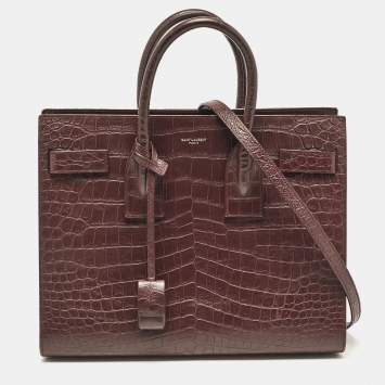 Pre Owned Saint Laurent Burgundy Croc Embossed Leather Small Sac De Jour Tote