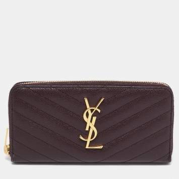 Pre Owned Saint Laurent Burgundy Matelassé Leather Cassandre Zip Continental Wallet