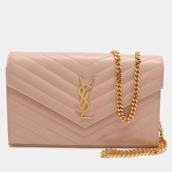 Pre Owned Saint Laurent Beige Leather Cassandre Wallet On Chain