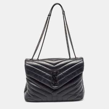 Pre Owned Saint Laurent Black Matelassé Leather Medium LouLou Shoulder Bag