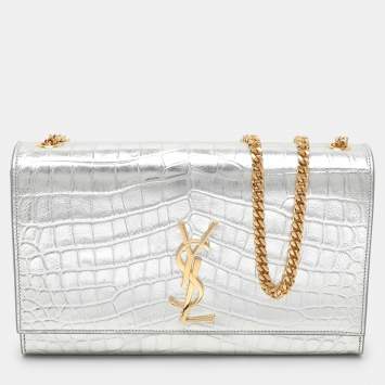 Pre Owned Saint Laurent Silver Croc Embossed Leather Medium Monogram Kate Shoulder Bag