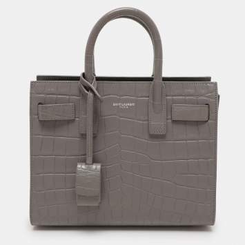 Pre Owned Saint Laurent Grey Croc Embossed Leather Nano Classic Sac De Jour Tote