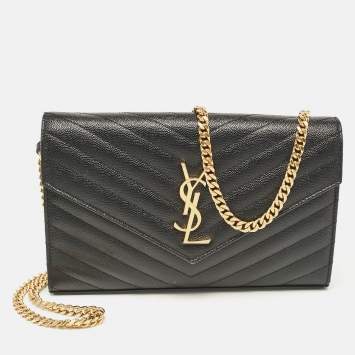 Pre Owned Saint Laurent Black Matelassé Leather Cassandre Envelope Chain Clutch