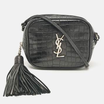 Pre Owned Saint Laurent Black Croc Embossed Leather Blogger Crossbody Bag