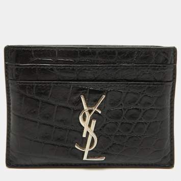 Saint Laurent Black Croc Embossed Leather Monogram Card Holder