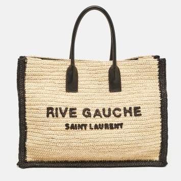 Pre Owned Saint Laurent Black/Natural Woven Straw Large Rive Gauche Tote
