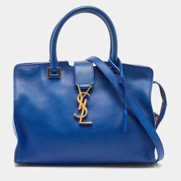 Pre Owned Saint Laurent Blue Leather Baby Monogram Cabas Bag