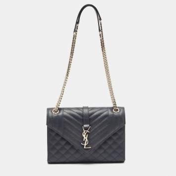 Pre Owned Saint Laurent Navy Blue Mix Matelassé Leather Medium Envelope Chain Shoulder Bag