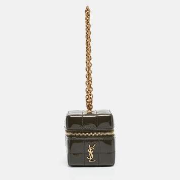 Pre Owned Saint Laurent Green Cube Quilted Patent Leather Mini Carré on Chain