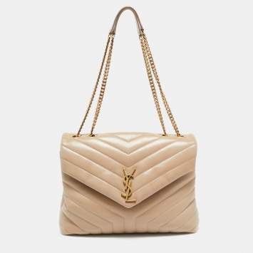Pre Owned Saint Laurent Beige Matelassé Leather Medium Loulou Shoulder Bag
