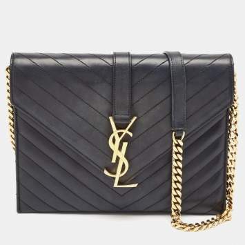 Pre Owned Saint Laurent Black Leather Monogram Envelope Chain Bag