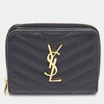 Pre Owned Saint Laurent Black Leather Monogram Zip Around Wallet