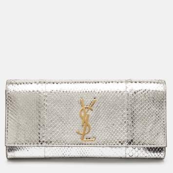 Pre Owned Saint Laurent Silver Python Kate Monogram Clutch