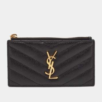 Pre Owned Saint Laurent Black Leather Cassandre Zip Card Holder