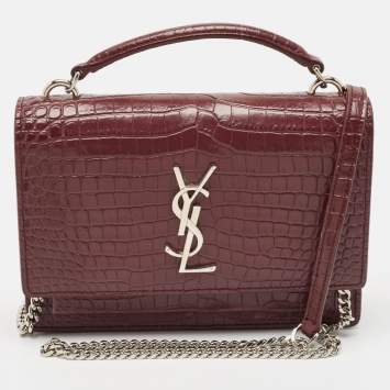 Pre Owned Saint Laurent Burgundy Croc Embossed Leather Sunset Wallet On Chain