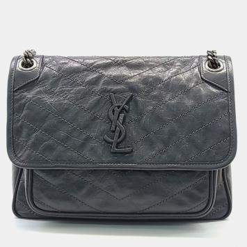 Saint Laurent Paris Black Leather Niki Chain Monogram Shoulder Bag