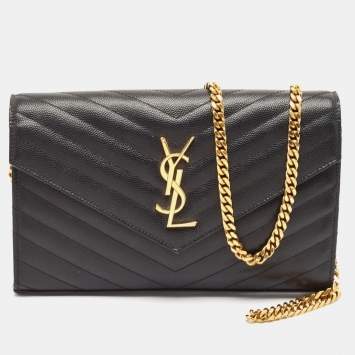 Pre Owned Saint Laurent Black Leather Matelasse Cassandre Envelope Wallet on Chain