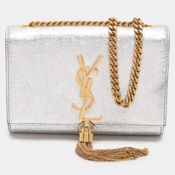 Pre Owned Saint Laurent Silver Textured Leather Small Monogram Kate Shoulder Bag