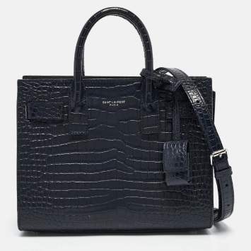 Pre Owned Saint Laurent Navy Blue Croc Embossed Leather Nano Classic Sac De Jour Tote