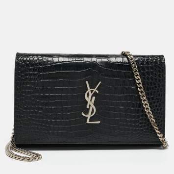 Pre Owned Saint Laurent Black Croc Embossed Leather Monogram Wallet On Chain