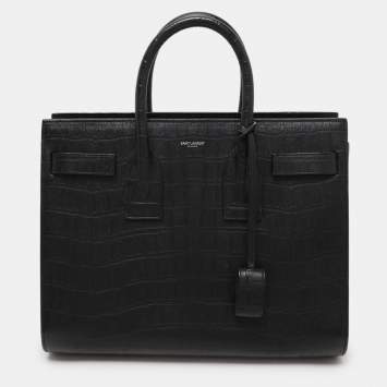 Saint Laurent Black Croc Embossed Leather Small Classic Sac De Jour Tote