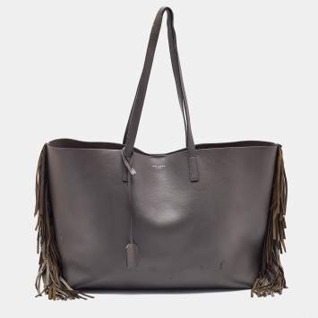 Pre Owned Saint Laurent Grey Leather Fringe E/W Shopping Tote