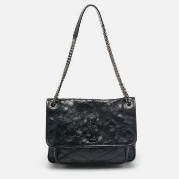 Pre Owned Saint Laurent Black Crinkled Leather Medium Niki Shoulder Bag