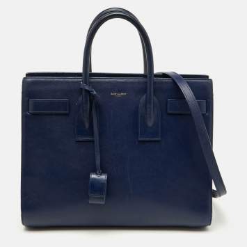 Saint Laurent Navy Blue Leather Small Classic Sac De Jour Tote