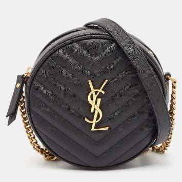 Pre Owned Saint Laurent Black Quilted Leather Monogram Round Chain Bag