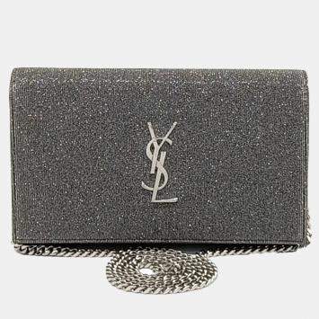 Pre Owned Saint Laurent Paris Silver Fabric Saint Laurent Paris Silver Monogram Chain Crossbody Bag