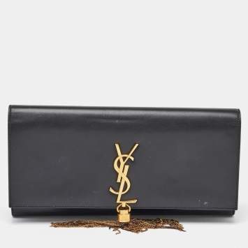 Pre Owned Saint Laurent Black Leather Cassandre Tassel Flap Clutch