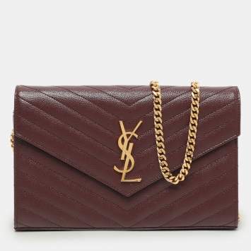 Pre Owned Saint Laurent Burgundy Matelassé Leather Cassandre Envelope Wallet on Chain