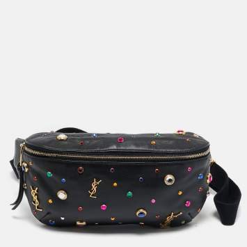 Pre Owned Saint Laurent Black Leather Crystal Embellished Monogram Belt Bag
