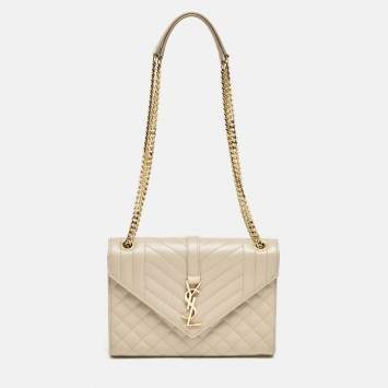 Pre Owned Saint Laurent Beige Mix Matelassé Leather Medium Envelope Chain Bag