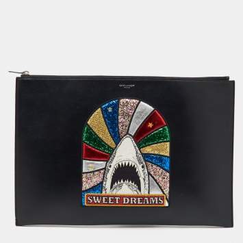 Saint Laurent Black Leather Sweet Dreams Top Zip Pouch