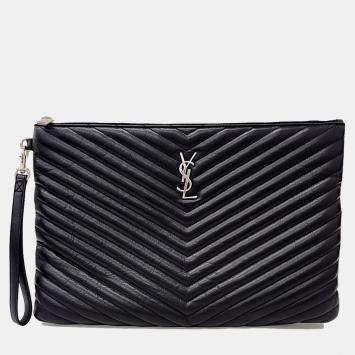 Pre Owned Saint Laurent Paris Black Leather Monogram Clutch