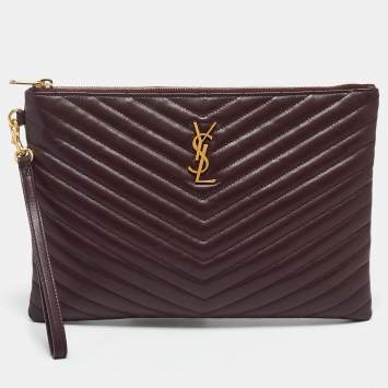 Pre Owned Saint Laurent Burgundy Matelasse Leather Monogram Pouch