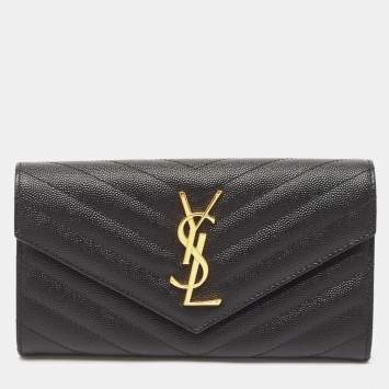 مملوكة مسبقًا Saint Laurent Black Matelassé Leather Monogram Flap Continental Wallet