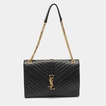 Pre Owned Saint Laurent Black Matelassé Leather Large Monogram Envelope Shoulder Bag
