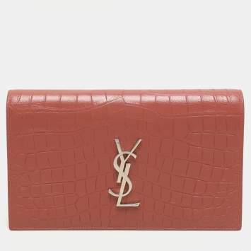 Saint Laurent Nude Rose Croc Embossed Leather Monogram Clutch 