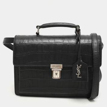 Saint Laurent Black Croc Embossed Leather High School Top Handle Bag