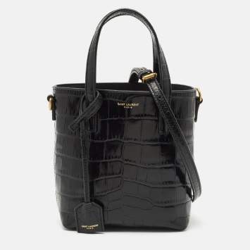 Pre Owned Saint Laurent Black Croc Embossed Leather Mini Toy Bucket Bag