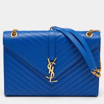 Saint Laurent Blue Matelassé Leather Large Monogram Envelope Shoulder Bag
